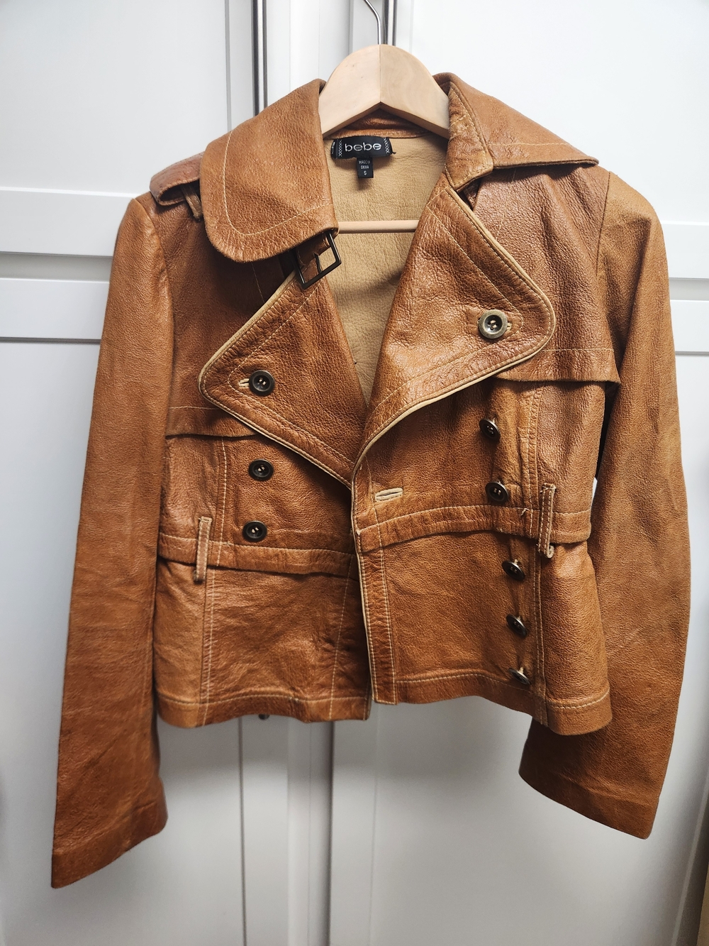 Y2K Vintage bebe Women's Cognac Leather Double-Breasted Moto Jacket